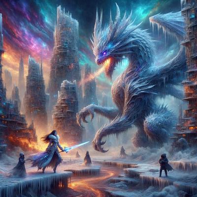 Primary subject: A woman with a sword standing in front of a dragon.

Setting/background: A snowy landscape with a city in the background.

Visual style: Digital art.

Colors and mood: The image is in color, with a cold and icy atmosphere.